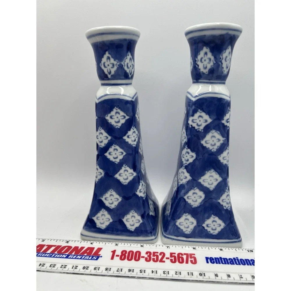 Pair Ceramic Silvestri Cobalt Blue White Taper Candle Holders 8